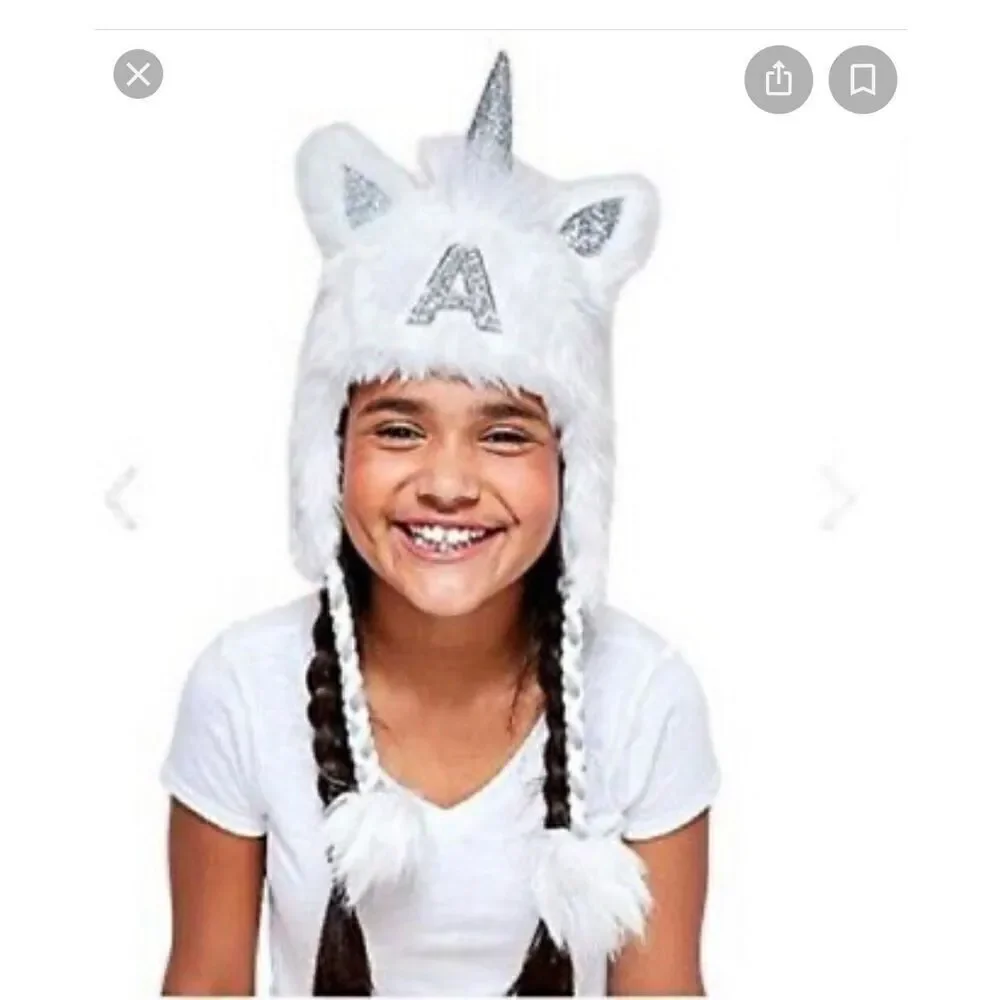 Justice girls white unicorn sparkle novelty hoodie hat initial C